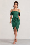 Deserving Bottle Green Satin Bardot Sleeve Corset Wrap Midi Dress