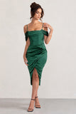 Deserving Bottle Green Satin Bardot Sleeve Corset Wrap Midi Dress