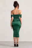 Deserving Bottle Green Satin Bardot Sleeve Corset Wrap Midi Dress