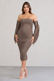 Aroma Brown Ruched Mesh Maternity Midi Dress With Ruffled Sleeves