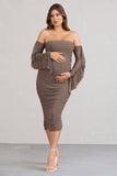 Aroma Brown Ruched Mesh Maternity Midi Dress With Ruffled Sleeves