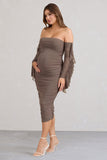Aroma Brown Ruched Mesh Maternity Midi Dress With Ruffled Sleeves