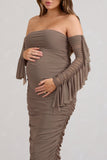 Aroma Brown Ruched Mesh Maternity Midi Dress With Ruffled Sleeves
