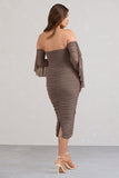 Aroma Brown Ruched Mesh Maternity Midi Dress With Ruffled Sleeves