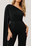 Aurora Black One Shoulder Cape Sleeve Jumpsuit