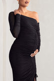 Sweet Dreams Black Maternity Asymmetric Ruched Midi Dress