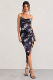 Risk It All Black Floral Print Cowl Neck Satin Asymmetric Hem Midi Dress