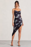 Risk It All Black Floral Print Cowl Neck Satin Asymmetric Hem Midi Dress