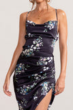 Risk It All Black Floral Print Cowl Neck Satin Asymmetric Hem Midi Dress