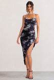 Risk It All Black Floral Print Cowl Neck Satin Asymmetric Hem Midi Dress