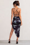 Risk It All Black Floral Print Cowl Neck Satin Asymmetric Hem Midi Dress
