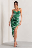 Risk It All Green Floral Print Cami Cowl Neck Satin Asymmetric Hem Midi Dress