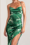 Risk It All Green Floral Print Cami Cowl Neck Satin Asymmetric Hem Midi Dress