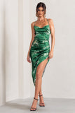 Risk It All Green Floral Print Cami Cowl Neck Satin Asymmetric Hem Midi Dress