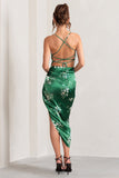 Risk It All Green Floral Print Cami Cowl Neck Satin Asymmetric Hem Midi Dress