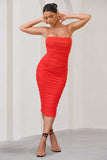 Sentimental Orange Ruched Mesh Cami Midi Dress