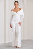 Hand On Heart White Twist Front Bardot Long Sleeve Jumpsuit