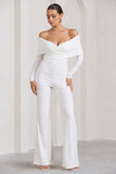 Hand On Heart White Twist Front Bardot Long Sleeve Jumpsuit