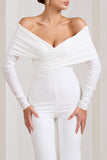 Hand On Heart White Twist Front Bardot Long Sleeve Jumpsuit