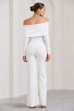 Hand On Heart White Twist Front Bardot Long Sleeve Jumpsuit