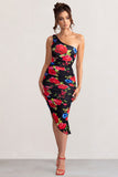 Late Night Black Floral Print Asymmetric One Shoulder Ruched Midi Dress