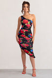 Late Night Black Floral Print Asymmetric One Shoulder Ruched Midi Dress