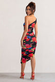 Late Night Black Floral Print Asymmetric One Shoulder Ruched Midi Dress