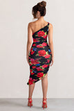 Late Night Black Floral Print Asymmetric One Shoulder Ruched Midi Dress
