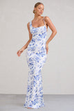 Phantasy Blue Floral Print Asymmetric Neckline Cowl Maxi Dress