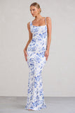 Phantasy Blue Floral Print Asymmetric Neckline Cowl Maxi Dress