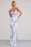 Phantasy Blue Floral Print Asymmetric Neckline Cowl Maxi Dress