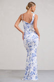 Phantasy Blue Floral Print Asymmetric Neckline Cowl Maxi Dress