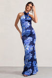 Unstoppable Blue Floral Print Satin Cross Over Halter Neck Maxi Dress