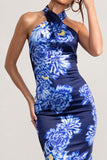 Unstoppable Blue Floral Print Satin Cross Over Halter Neck Maxi Dress