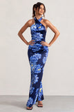 Unstoppable Blue Floral Print Satin Cross Over Halter Neck Maxi Dress