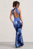 Unstoppable Blue Floral Print Satin Cross Over Halter Neck Maxi Dress