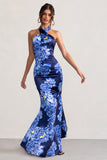 Unstoppable Blue Floral Print Satin Cross Over Halter Neck Maxi Dress