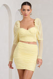 Butterfly Yellow Puff Sleeve Ruched Crop Top