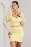 Butterfly Yellow Puff Sleeve Ruched Crop Top