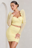 Butterfly Yellow Puff Sleeve Ruched Crop Top