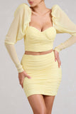 Butterfly Yellow Puff Sleeve Ruched Crop Top