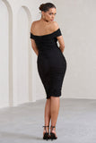 Gratitude Black Off The Shoulder Ruched Midi Dress