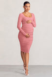 New Life Pink Maternity Square Neck Ruched Midi Dress