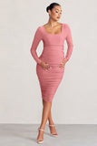 New Life Pink Maternity Square Neck Ruched Midi Dress