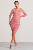 New Life Pink Maternity Square Neck Ruched Midi Dress