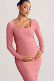 New Life Pink Maternity Square Neck Ruched Midi Dress