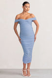 Perfection Powder Blue Maternity Bardot Knot Ruched Midi Dress