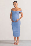Perfection Powder Blue Maternity Bardot Knot Ruched Midi Dress