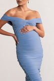 Perfection Powder Blue Maternity Bardot Knot Ruched Midi Dress