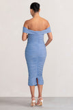 Perfection Powder Blue Maternity Bardot Knot Ruched Midi Dress